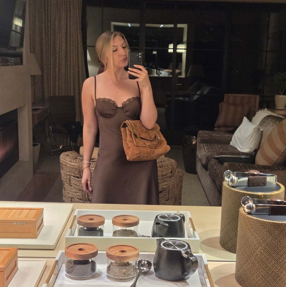 Elegant Brown Satin Slip Dress - Picture 6 of 6